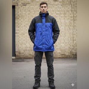 Vintage REI Hooded Performance Rain Jacket Blue Black Gore-Tex Water Proof Nylon